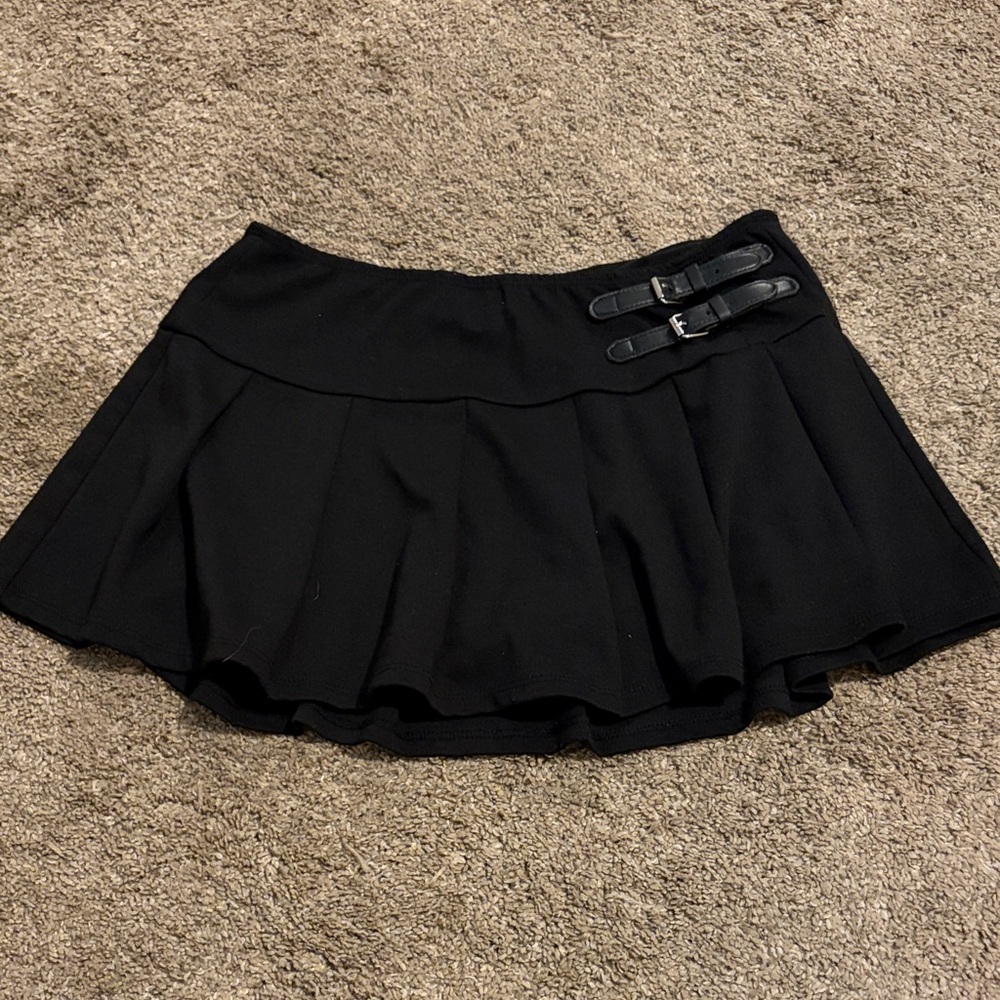 Black Pleated Mini Skirt with Buckle Detail